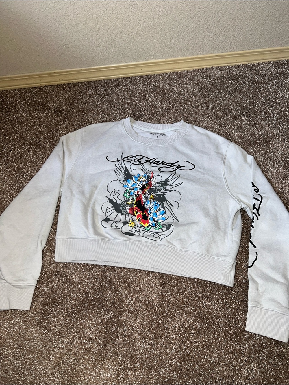 Ed Hardy White Cropped Sweatshirt with Colorful Koi Tattoo Graphic